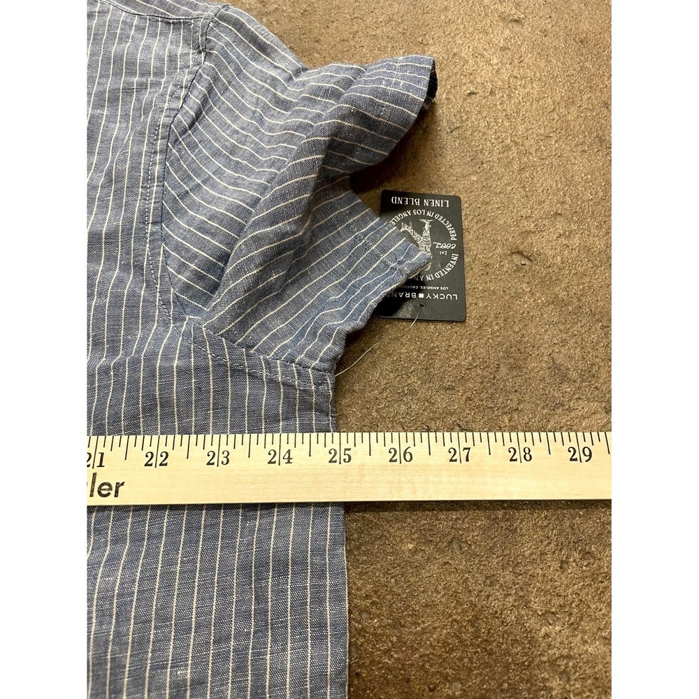 Lucky Brand Shirt Mens XL Blue Striped Linen Short Sleeve Camp Collar Casual - Picture 15 of 16